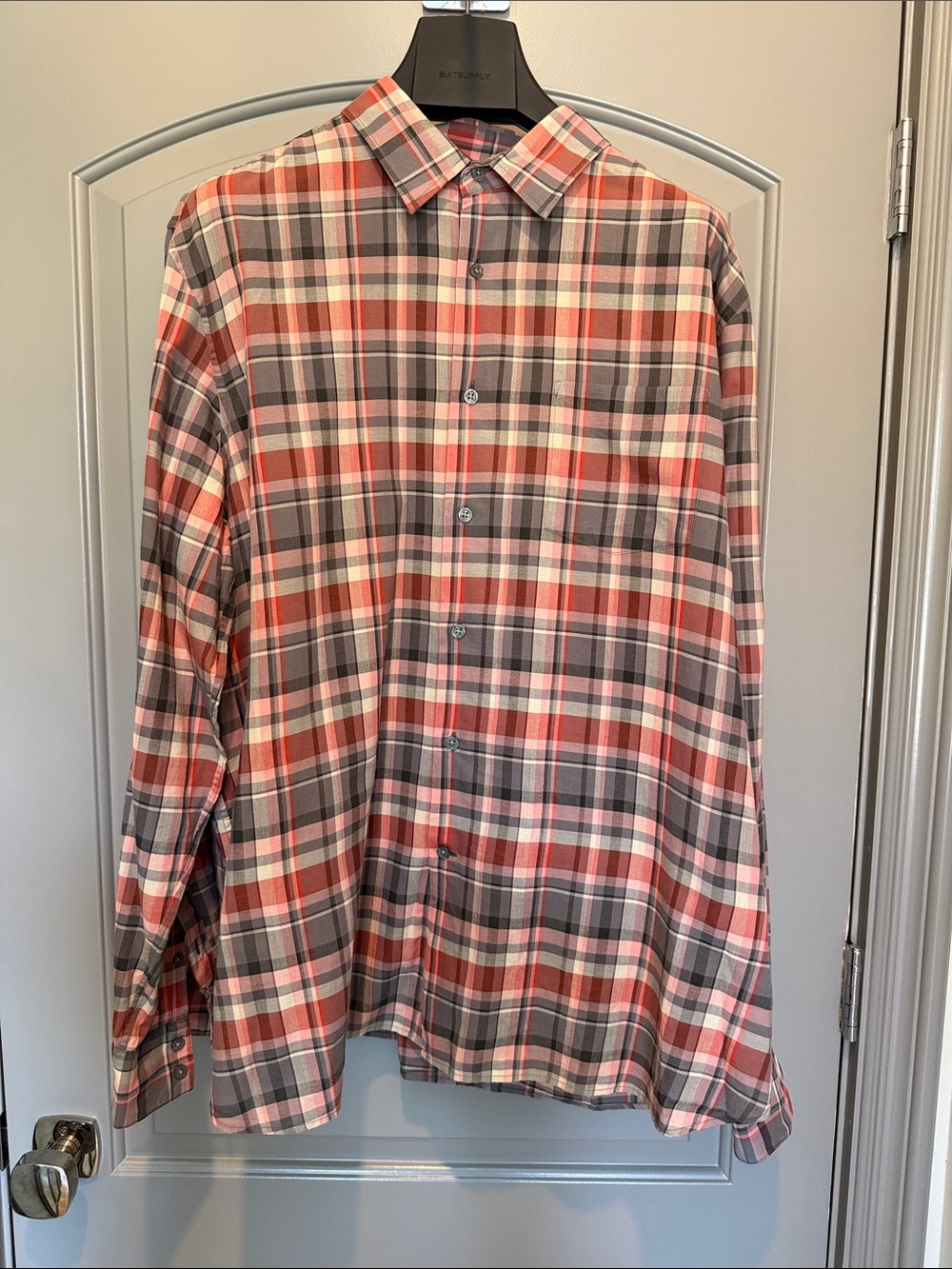 John Varvatos Men's Coral and Gray Plaid Button-Down Shirt